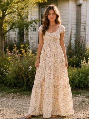 Million Colors Smocked Floral Tiered Maxi Dress| Cottagecore Boho Romantic S M L